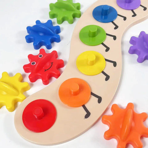 Colorful Rainbow Caterpillar Gear Toy For Toddlers And Babies Teaches Color Names And Matching With Spinning Gear Fun