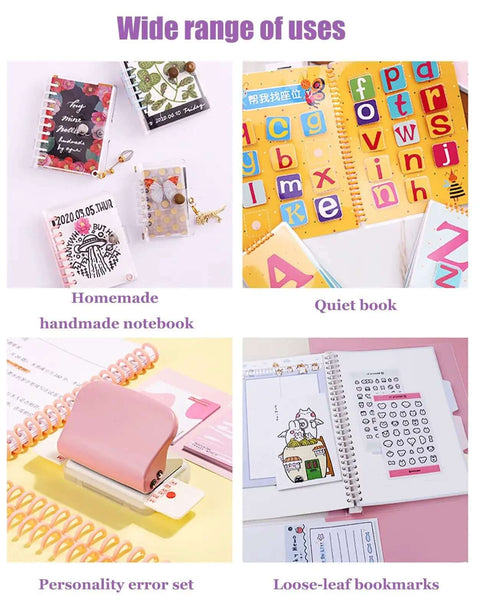 Various uses for the Six Hole Puncher For A4 A5 B5 Loose Leaf Notebooks And Scrapbooks, including quiet books and homemade notebooks.