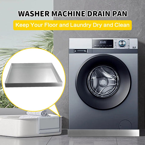 Stainless Steel Washing Machine Pan For Floor Protection 32 By 30 By Two And A Half Inches Heavy Duty Drip Tray No Hole Rustproof Washer Pan With Anti Vibration Support Ideal For Home Laundry Rooms next to a washing machine.