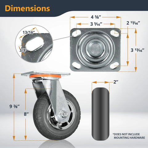 Dimensions of 8-Inch Heavy Duty Caster Wheels Set Of 4 With Dual Locking Brakes Non-Pneumatic Polypropylene Tire All Terrain