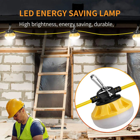100 Ft LED Construction String Lights With Ten Heads, 100W Total, 10000 Lumens Outdoor Work Light shown installed on building site