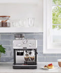 Killer Home Barista Setup Featuring Precision Conical Burr Grinder And Auto Milk Frother For Slick Bean To Cup Espresso and Cappuccinos on a modern kitchen counter.