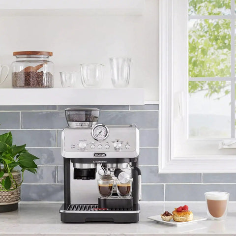 Killer Home Barista Setup Featuring Precision Conical Burr Grinder And Auto Milk Frother For Slick Bean To Cup Espresso and Cappuccinos on a modern kitchen counter.
