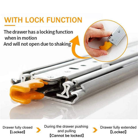 Heavy Duty Drawer Slide Full Extension Side Mount Cabinet Runners With Safety Lock 56 Inch showing drawer lock function and clips.