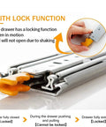 Rock Solid Heavy Duty Full Extension Ball Bearing Drawer Slides With Secure Lock Glides Like Butter For Custom Cabinetry And Garage Storage Units Exactly 56 Inches Long showing locking function mechanism.
