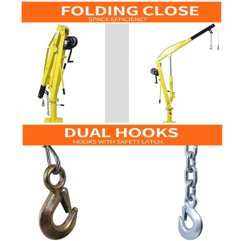 Heavy Duty Truck Bed Hoist With Hand Winch Pickup Jib Crane Hydraulic Extendable Boom showing dual hooks and folding design.