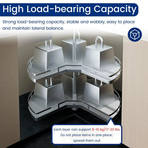 Two Tier Rotating Corner Cabinet Shelf With 360 Degree Swivel For Kitchen Pantry And Bathroom Non Slip Lazy Susan Organizer Rack For Cabinets Space Saving Storage Solution in corner cabinet setup.