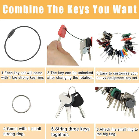 Image showing 58 Piece Heavy Equipment Keys Set For Excavators, Loaders, Backhoes, Skid Steers, Dozers and more with key ring setup.