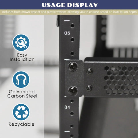 10-32 Rack Screws 100 Pack Solid Zinc Plated Carbon Steel Hardware With Smooth Pilot Points And Phillips Heads Paired With Durable Plastic Washers for easy installation in server rack.