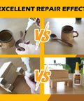 Wood Super Glue Liquid bottle in a four-panel collage showing glue on wooden spoon and blocks for woodcraft repairs.