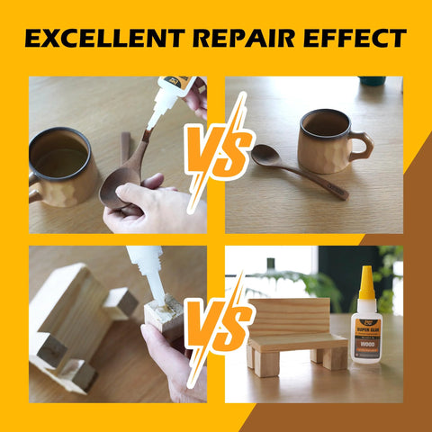 Wood Super Glue Liquid bottle in a four-panel collage showing glue on wooden spoon and blocks for woodcraft repairs.