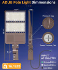 LED Parking Lot Light 150W 200W 240W Adjustable Wattage Outdoor Shoebox Flood Light With Photocell IP65 Waterproof UL Listed Slip Fitter 5000K Daylight with dimensions and wire specifications displayed.