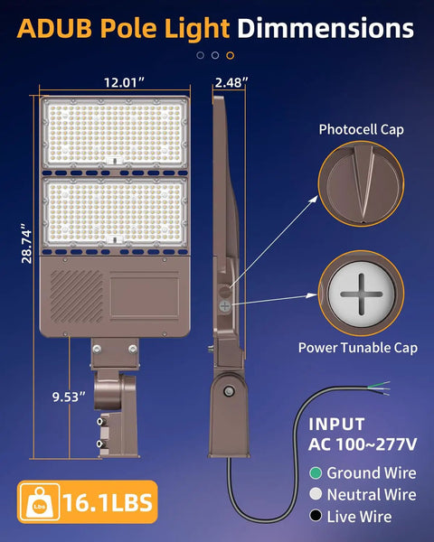 LED Parking Lot Light 150W 200W 240W Adjustable Wattage Outdoor Shoebox Flood Light With Photocell IP65 Waterproof UL Listed Slip Fitter 5000K Daylight with dimensions and wire specifications displayed.