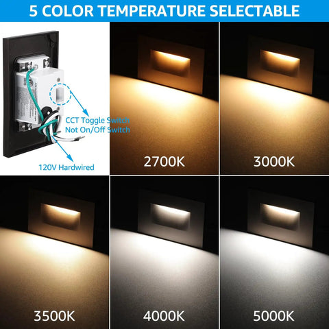 5CCT 120V LED Step Lights Pack of 3, 3.5W Dimmable From 5 to 100 Percent Indoor Outdoor Wet Location CRI90 ETL Aluminum Oil Rubbed Bronze Stair Lights Horizontal Mount showing 5 color temperatures