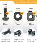 Top Shelf Heavy Duty M6 Rack Screws And Cage Nuts Kit With Flat Washers Shop Grade Black Coated Fasteners dimensions image showing sizes and features.