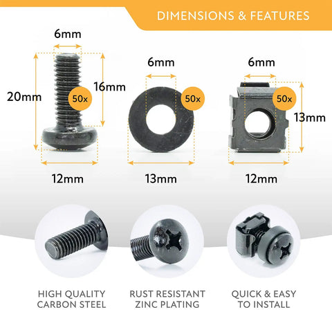 Top Shelf Heavy Duty M6 Rack Screws And Cage Nuts Kit With Flat Washers Shop Grade Black Coated Fasteners dimensions image showing sizes and features.