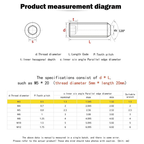 Diagram showing measurements for DIY Ready M3 Grub Screws 8mm 0.5mm Pitch, Headless Cup Point And Flat Point Internal Hex Drive
