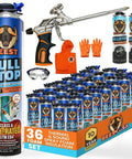 Heavy Duty Spray Foam Insulation Kit For Walls And Attic Featuring Sick Fire Rated Heat Blocking And Sound Dampening With Thirty Six Cans Pro Trigger Gun Cleaning Fluid And Complete Safety Kit including 36 cans and accessories.