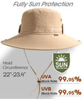 Men's UPF Sun Hat With Wide Brim Bucket Style For Fishing And Outdoors, khaki color, displayed with UV protection rates.