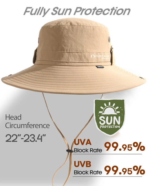Men's UPF Sun Hat With Wide Brim Bucket Style For Fishing And Outdoors, khaki color, displayed with UV protection rates.