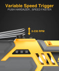 Close-up of variable speed trigger on Cordless Electric Ratchet Wrench Set Workhorse For Auto Repair And Diy Projects Three Eighths Inch 40 Ft Lbs Torque 230 RPM 12V Power Tool Kit
