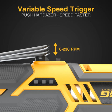 Close-up of variable speed trigger on Cordless Electric Ratchet Wrench Set Workhorse For Auto Repair And Diy Projects Three Eighths Inch 40 Ft Lbs Torque 230 RPM 12V Power Tool Kit
