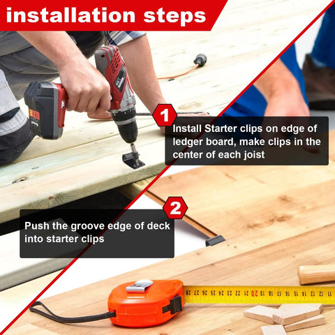 Installation steps for 80 Pack 304 Stainless Steel Start Clips, Universal Decking Clip With Decking Screws For Composite Deck Boards