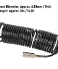 Level Up Your Garage Vibes With This Super Sweet Spiral Air Hose One Quarter Inch ID 16 4 Feet PE Coiled Compressed Air Line Featuring Self Retracting Design That Prevents Tangling And Saves Storage Space For Pro Shop Needs. Black coiled air hose, 1/4in ID, 16.4ft, with metal quick-connect fitting