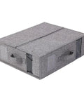 Heavy Duty Linen Bed Sheet Storage Organizer For Closet With Folded Blanket Pockets And Oversized Comforter Rack view of gray organizer with handles and clear panels.