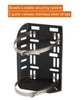Tailgate Ready Propane Tank Mount Secures Five To Ten Pound Cylinders Grip Tight Quick Release Stainless Bracket adjustable with 2 stainless straps.
