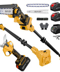 Beefed Up Four In One Pole Saw And Electric Pruning Shears Kit With A Six Inch Mini Chainsaw For Tree Trimming Cordless Pruning Shears With A Nine And A Half Foot Max Extension Pole And Two 4Ah Batteries For Garden Pruning.