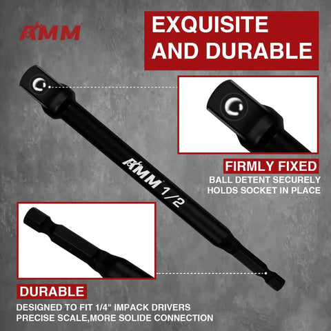 Six Piece Impact Grade Socket Adapters Set For Power Drill To High Torque Impact Wrench, 1/2 inch hex shank adapter detail.