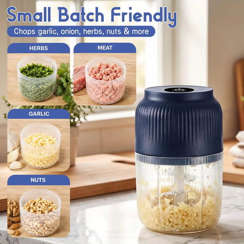 2026 New Electric Garlic Chopper Mini Food Processor Portable Cordless Vegetable Mincer Six Stainless Steel Blades Small Kitchen Gadget For Onion Salad And Garlic Prep Easy Pure Copper Motor Action in use for chopping garlic.