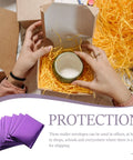 Purple Bubble Mailers 10pcs 18x23 Cm Thickened Padded Envelopes Self Sealing Shockproof Shipping Bags For Phone Cases Cosmetics Jewelry Artwork And Other Fragile Items with hands packing an item in a box.