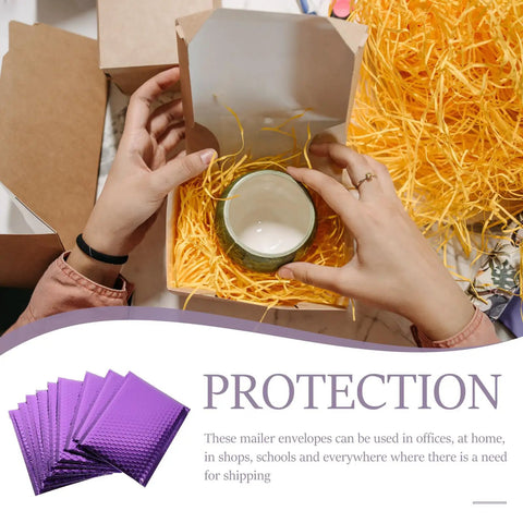 Purple Bubble Mailers 10pcs 18x23 Cm Thickened Padded Envelopes Self Sealing Shockproof Shipping Bags For Phone Cases Cosmetics Jewelry Artwork And Other Fragile Items with hands packing an item in a box.
