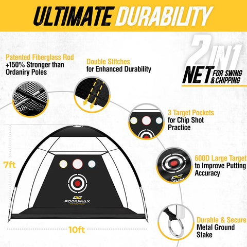 Diagram of Ten By Seven Foot Golf Practice Net With Mat Noise Reducing Target 5 Balls 4 Sandbags Tee And Carry Bag features.
