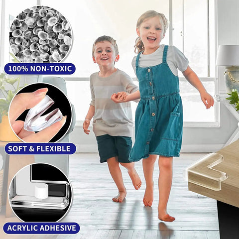 Children playing happily with Straight Up Clear Silicone Baby Corner Guards on furniture, showing soft and flexible design.