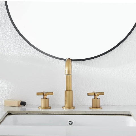 Antique Brass Two Handle Widespread Bathroom Faucet With 3 Holes And 360 Degree Swivel Spout Pop Up Drain Cold And Hot Water Mixer 1.2 GPM High Flow Performance