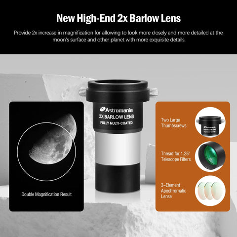 Deluxe 14 Piece 1.25 Inch Telescope Accessory Kit with 2X Barlow Lens and magnification chart for enhanced astronomy setup.