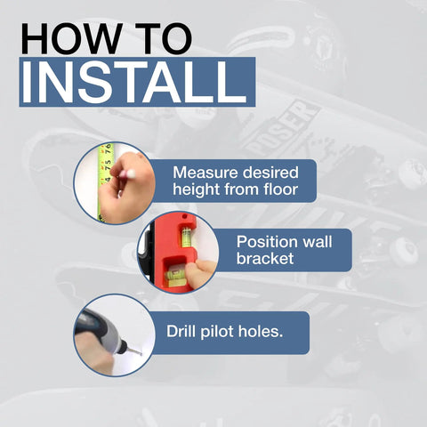 Step-by-step instructions for installing Heavy Duty Skateboard Wall Mount Rack Stores Three Longboards Street Decks And Accessories.
