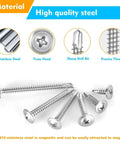 145 Pieces Self Tapping Screws For Metal Kit In 410 Stainless Steel Rust Resistant Six Sizes From One Half Inch To Two Inches Modified Truss Head showing material and features.