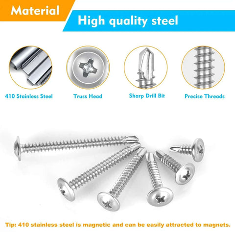 145 Pieces Self Tapping Screws For Metal Kit In 410 Stainless Steel Rust Resistant Six Sizes From One Half Inch To Two Inches Modified Truss Head showing material and features.