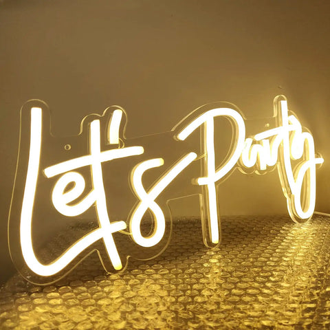 Lets Party Neon Sign Dimmable LED Neon Light For Wall Decor 16x7 Inches Word Sign glowing in warm white on textured surface
