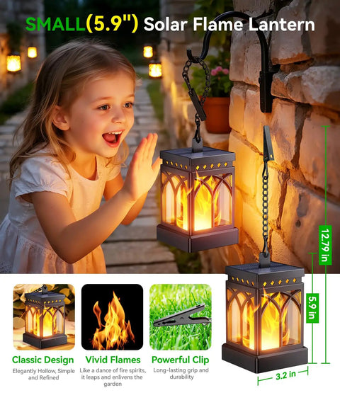 Must Have 4 Pack Dancing Flame Solar Lanterns Outdoor Waterproof With Upgraded Flickering Flame shown with a child outdoors.