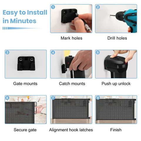 Installation steps for Extra Wide Retractable Baby Gate 33 Inch Tall Extends To 72 Inches Mesh Gate For Kids And Pets With Alarm Kid Safe