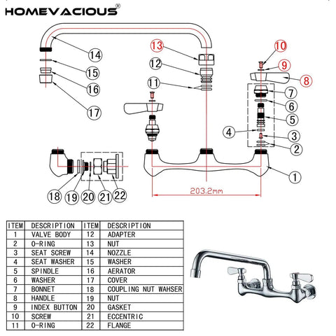 Diagram of Beefy Workhorse Wall Mount Kitchen Faucet With 8 Inch Swivel Spout Dual Handle Chrome Industrial Mixer Tap For Restaurant Laundry And Utility Sink Rugged Design And Easy DIY Install