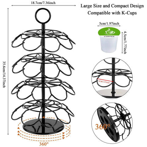 Super Handy 36 Pod K Cup Organizer That Spins 360 Degrees Detachable Coffee Pod Holder for countertop with measurement details