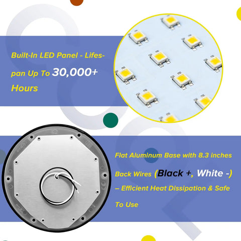 Durable Dimmable 5 Inch Black Round 12V RV Ceiling Light With Surface Mount LED Fixture 350 Lumens 4000K Pure White Built In Dimmer Switch For Campers Vans Trailers Boats Low Voltage Interior Lighting Solution close-up detail of LED components and aluminum back.