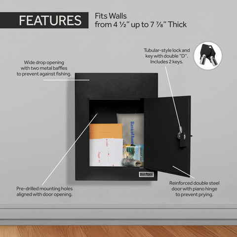Through-The-Wall Drop Box Deposit Safe With Lock, Built-To-Last Beefy Heavy-Duty Steel Mailbox open showing interior details and features