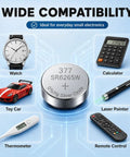 10 Pack Sr626sw And 377 Watch Batteries 1.55V Silver Oxide Button Cells shown with compatible devices like a watch, calculator, and toy car.
